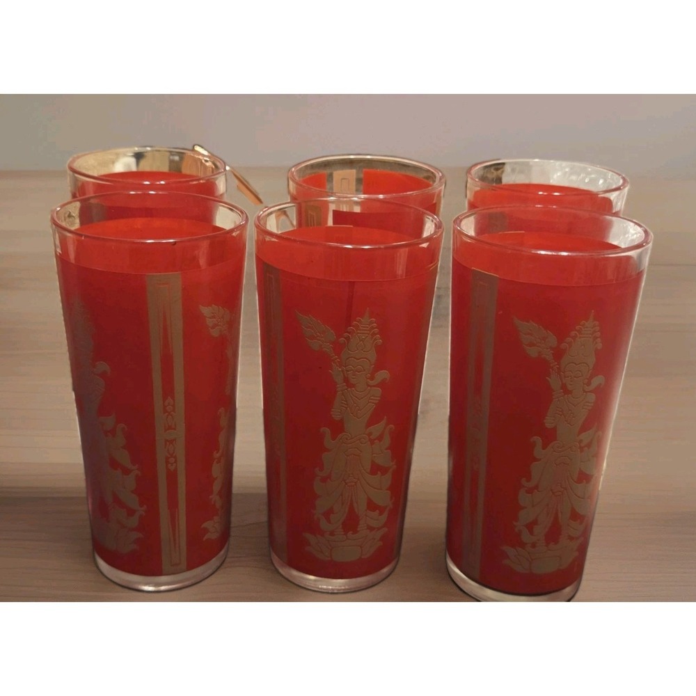 VIintage MCM Thai Goddess Lakshmi Tall Red Gold Tumbler High Ball Glasses Set 6